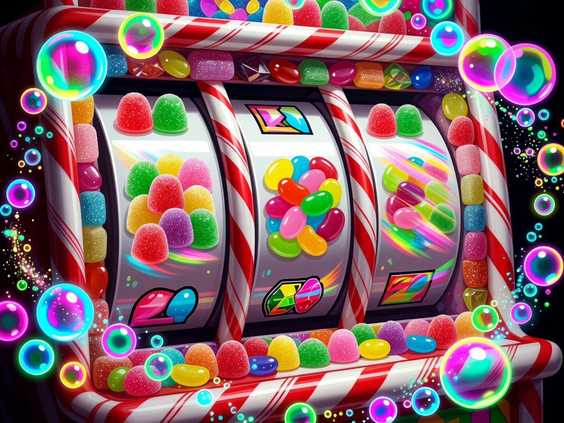 Candy Slots visual featuring high contrast sugar candies, jelly beans, and swirling bright neon bubbles.