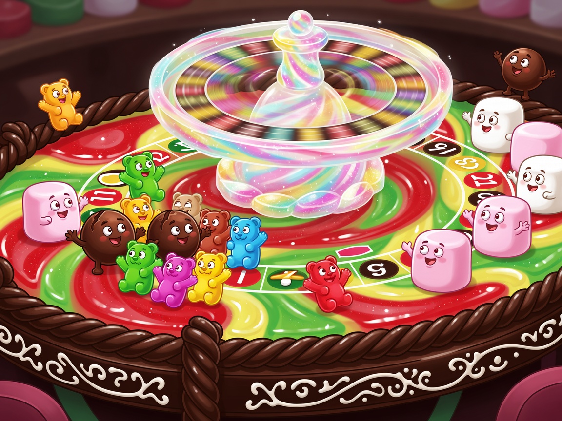 A lively social roulette table with cartoon sweets, chocolate decorations, and virtual spinning sugar wheel.