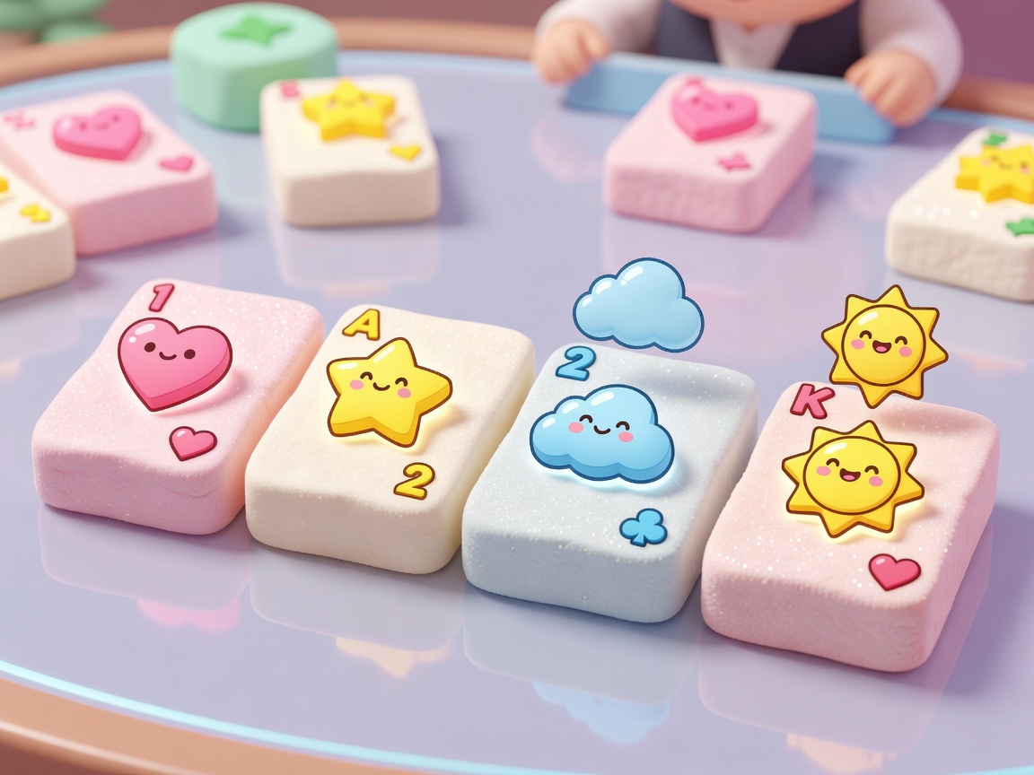 Interactive virtual blackjack cards made of soft fluffy marshmallow themes, bright cartoon icons.