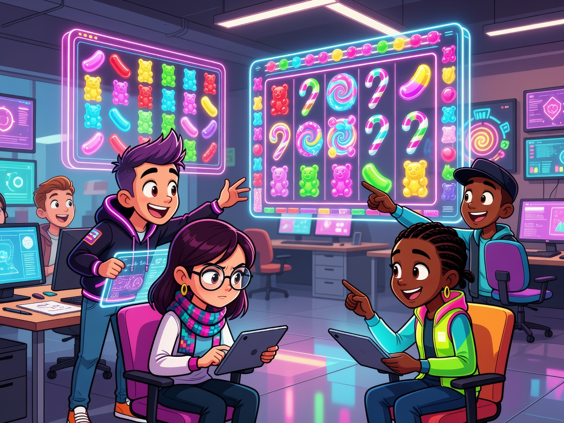 A cartoon style developer team building bright neon game-candy-slot interfaces.