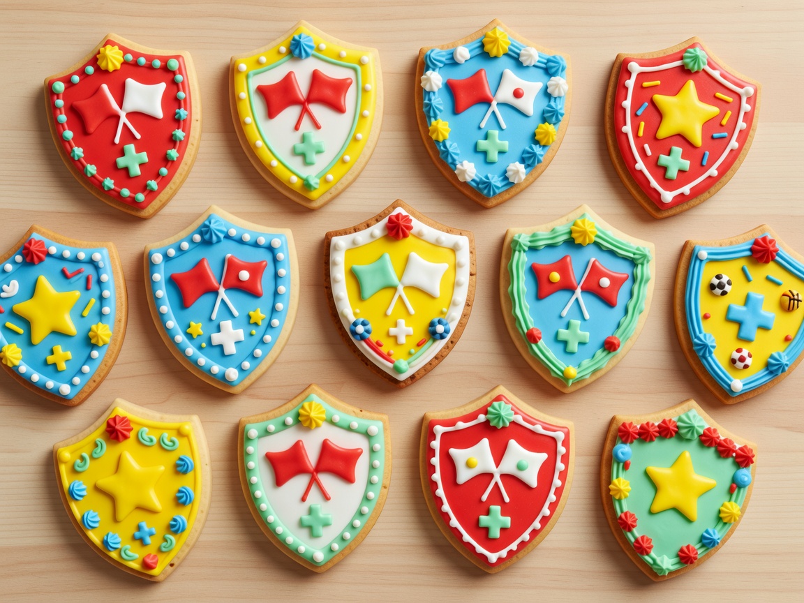A colorful layout showing cute safety emblems, shields decorated like cookies.