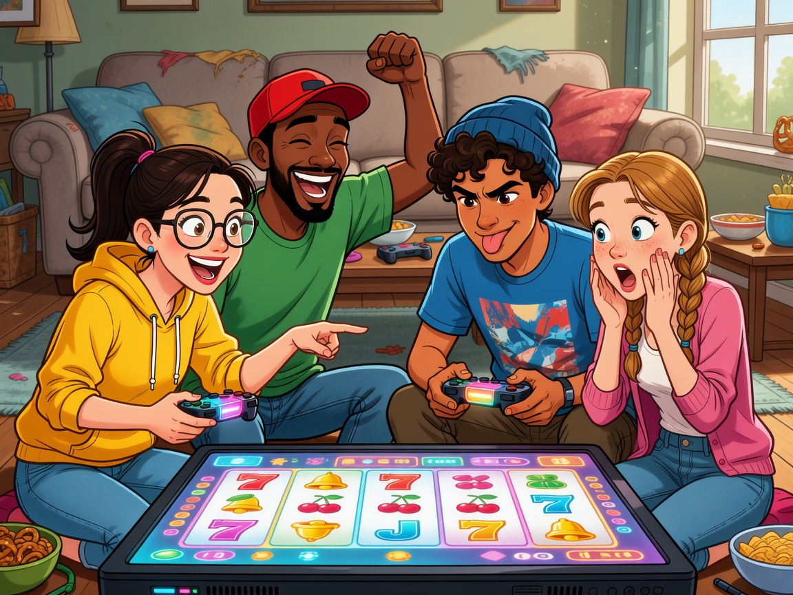 Playful illustrations of friends competing in virtual cartoon slots tournament.